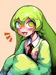 Rule 34 | 1girl, :d, aygoftenover, brown vest, collared shirt, fangs, green hair, green sweater, hair between eyes, highres, kfufu (shy), long hair, necktie, notice lines, open mouth, orange eyes, red necktie, shirt, shy (series), sleeves past fingers, sleeves past wrists, smile, solo, sweater, teeth, upper body, upper teeth only, vest, white shirt, wide sleeves