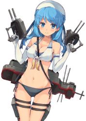 Rule 34 | 10s, 1girl, bikini, blue eyes, blue hair, breasts, cleavage, elbow gloves, front-tie top, gloves, hat, kantai collection, long hair, looking at viewer, matching hair/eyes, navel, rigging, senbei (senbe i), side-tie bikini bottom, simple background, smile, solo, swimsuit, thigh gap, turret, urakaze (kancolle), white hat