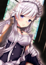 Rule 34 | 1girl, apron, azur lane, belfast (azur lane), blush, braid, breasts, chain, cleavage, closed mouth, clothes lift, collar, collarbone, commentary request, corset, french braid, frilled apron, frills, gloves, highres, himura moritaka, holding, holding clothes, holding skirt, large breasts, long hair, looking at viewer, maid, maid apron, maid headdress, silver hair, skirt, solo, white gloves