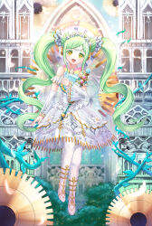 Rule 34 | 1girl, :d, bad id, bad pixiv id, braid, braided bangs, castle, clock, clock tower, detached sleeves, dress, falala a larm, floral print, flower, full body, gears, gold trim, green hair, hair flower, hair ornament, hand up, harp, head chain, headphones, highres, idol time pripara, instrument, long hair, looking at viewer, lunacle, open mouth, petals, plant, pretty series, print dress, pripara, smile, solo, standing, tower, twintails, very long hair, vines, white dress, white flower, wide sleeves, yellow eyes