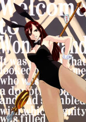 Rule 34 | animal ears, bare shoulders, bow, bowtie, card, erza scarlet, fairy tail, fake animal ears, highres, pantyhose, playboy bunny, playing card, rabbit ears, red hair, smile, staff, tattoo