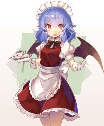 Rule 34 | 1girl, alternate costume, apron, bat wings, beige background, black bow, black bowtie, blue hair, bow, bowtie, breasts, commentary request, cowboy shot, cup, dress, enmaided, falken (yutozin), fang, frilled apron, frills, gloves, gradient background, hair between eyes, hair ribbon, highres, holding, looking at viewer, maid, maid apron, maid headdress, medium breasts, one-hour drawing challenge, open mouth, petticoat, puffy sleeves, red dress, red eyes, remilia scarlet, ribbon, saucer, short hair, solo, square, standing, teacup, thighs, touhou, waist apron, white apron, white background, white gloves, white ribbon, wings, wrist cuffs