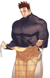 Rule 34 | 1boy, apron, beard, black sweater, blush, boku no hero academia, casual, covered abs, covered erect nipples, facial hair, feet out of frame, koooogasya, large pectorals, male focus, mature male, muscular, muscular male, pants, pectorals, red hair, short hair, sideburns, solo, spiked hair, sweater, thick thighs, thighs, endeavor (boku no hero academia), white pants, yellow apron