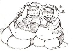 Rule 34 | 2girls, artist request, belly, blush, breasts, closed eyes, eating, fat, food, heart, inkling player character, medium breasts, monochrome, multiple girls, navel, nintendo, pointy ears, splatoon (series), thick thighs, thighs