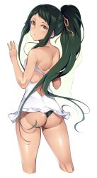 Rule 34 | 10s, 1girl, ass, blush, cropped legs, dress, from behind, green hair, green panties, hair ribbon, heavy object, long hair, looking back, nanao (mahaya), panties, parted lips, ponytail, putana highball, ribbon, simple background, solo, underwear, white background, white dress, yellow eyes
