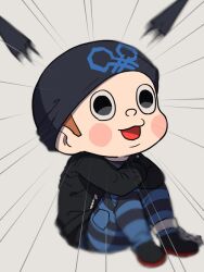 Rule 34 | 1boy, animal ears, beanie, black eyes, black footwear, black hat, black jacket, black pants, black shirt, black sleeves, blue pants, blush stickers, brown hair, cat ears, chain, commentary request, crossed arms, cuffs, danganronpa (series), danganronpa v3: killing harmony, emphasis lines, fake animal ears, full body, grey background, hat, hoshi ryoma, jacket, knees up, kogarashi 8, leather, leather jacket, long sleeves, male focus, motion blur, open mouth, pants, partial commentary, pocket, prison clothes, shackles, shirt, shoes, short hair, simple background, sitting, smile, solo, striped clothes, striped pants, two-tone pants, very short hair, zipper, zipper pull tab