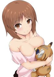 Rule 34 | 1girl, bandages, bare shoulders, between breasts, blush, breasts, brown eyes, brown hair, casual, cleavage, closed mouth, collarbone, commentary request, from above, girls und panzer, highres, kuku123, large breasts, looking at viewer, looking up, nishizumi miho, hugging object, off-shoulder shirt, off shoulder, pink shirt, shirt, short hair, simple background, smile, solo, stuffed animal, stuffed toy, teddy bear, upper body, white background