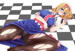 Rule 34 | 1girl, alice margatroid, blonde hair, blue eyes, breasts, brown pantyhose, capelet, checkered floor, clothes lift, dress, dress lift, female focus, floor, hairband, highres, large breasts, lying, open mouth, panties, panties under pantyhose, pantyhose, saliva, sash, short hair, solo, torn clothes, torn pantyhose, touhou, underwear, white panties, yuzumiya mono