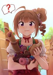 Rule 34 | 1girl, ?, ahoge, blush, brown hair, closed mouth, collarbone, drill hair, eating, food, food request, holding, holding food, idolmaster, idolmaster million live!, idolmaster million live! theater days, kamille (vcx68), looking at viewer, puffy short sleeves, puffy sleeves, purple eyes, red skirt, short hair, short sleeves, side drill, skirt, smile, solo, speech bubble, spoken question mark, yokoyama nao