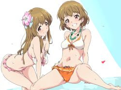 Rule 34 | 2girls, bead necklace, beads, bikini, breasts, brown eyes, closed mouth, commentary request, flower, frilled bikini, frills, hair flower, hair ornament, heart, highres, jewelry, long hair, looking at viewer, medium breasts, multicolored bikini, multicolored clothes, multiple girls, naughty face, navel, necklace, short hair, siblings, sisters, sitting, smile, sugihara marika, sugihara sakura, sweat, swimsuit, umanosuke, wake up girls!, wake up girls! stage no tenshi, white bikini