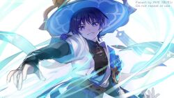 Rule 34 | 1boy, artist name, black bow, black shirt, blue cape, blue hair, blue hat, blue ribbon, blue sash, bow, bridal gauntlets, cape, commentary request, dark blue hair, eyeshadow, genshin impact, gold trim, grin, hat, highres, jacket, japanese clothes, jingasa, looking at viewer, makeup, male focus, obi, okkobc, open clothes, open jacket, outstretched arm, parted bangs, pom pom (clothes), purple eyes, red eyeshadow, ribbon, sash, scaramouche (genshin impact), shirt, short hair, short sleeves, sidelocks, smile, solo, teeth, vision (genshin impact), wanderer (genshin impact), watermark, white jacket