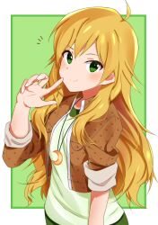 Rule 34 | 1girl, ahoge, arm at side, blonde hair, blush, border, closed mouth, commentary, crescent, crescent necklace, green background, green eyes, green shirt, hair between eyes, hand up, hoshii miki, idolmaster, idolmaster (classic), index finger raised, jewelry, long hair, looking at viewer, necklace, notice lines, shirt, sidelocks, simple background, smile, solo, split mouth, upper body, very long hair, wavy hair, white border, zenoo