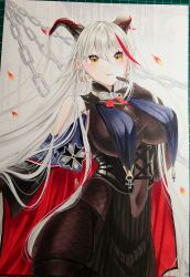 Rule 34 | 1girl, aegir (azur lane), azur lane, bare shoulders, black cape, black gloves, bodystocking, breast curtains, breasts, cape, chain, clothing cutout, covered navel, cowboy shot, cross, cross-laced clothes, demon horns, earrings, finger to mouth, gloves, hair between eyes, hair on horn, highres, horns, iron cross, jewelry, large breasts, long hair, looking at viewer, marker (medium), mimi (mini1474), multicolored hair, navel cutout, red hair, slit pupils, solo, streaked hair, traditional media, two-tone hair, underbust, very long hair, white hair, yellow eyes