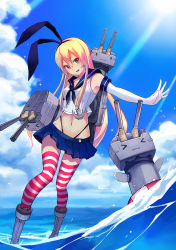 Rule 34 | &gt; &lt;, 10s, 1girl, :3, bai banca, bare shoulders, blonde hair, boots, brown eyes, closed eyes, cloud, cloudy sky, day, elbow gloves, full body, gloves, grey footwear, hairband, highres, kantai collection, lifebuoy, light rays, long hair, looking at viewer, midriff, miniskirt, navel, ocean, outstretched hand, personification, rensouhou-chan, sailor collar, school uniform, serafuku, shimakaze (kancolle), skirt, sky, sleeveless, standing, standing on liquid, striped clothes, striped thighhighs, sun, swim ring, thighhighs, turret