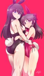 Rule 34 | 10s, 2girls, animal ears, ass, asymmetrical docking, bare shoulders, black hair, black leotard, blue eyes, blush, bow, breast press, breasts, detached collar, fake animal ears, hair bow, hairband, idolmaster, idolmaster cinderella girls, large breasts, leotard, long hair, looking at viewer, multiple girls, nipples, playboy bunny, rabbit ears, rabbit tail, red background, red leotard, sagisawa fumika, shift (waage), side-tie leotard, simple background, small breasts, strapless, strapless leotard, tachibana arisu, tail, wrist cuffs
