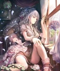 Rule 34 | 1girl, bare legs, blue eyes, book, breasts, chair, curtains, flower, green hair, hair ornament, highres, indoors, long hair, looking away, medium breasts, original, painting (object), petals, revision, scenery, short hair, signature, sitting, solo, soraizumi, vase, window