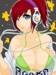 Rule 34 | 1girl, bikini, blue eyes, breasts, headphones, large breasts, original, ponytail, red hair, shirt, swimsuit, tongue, tongue out