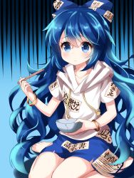 Rule 34 | 1girl, bangle, barefoot, blue background, blue bow, blue eyes, blue hair, blue skirt, blush, bow, bracelet, chopsticks, collarbone, commentary request, cup, debt, drawstring, hair bow, highres, holding, holding chopsticks, holding cup, hood, hoodie, jewelry, long hair, miniskirt, ruu (tksymkw), sitting, skirt, solo, thighs, touhou, very long hair, wariza, wavy hair, white hoodie, yorigami shion