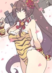Rule 34 | 1girl, adapted weapon, animal print, breasts, brown eyes, brown hair, cherry blossoms, cleavage, club (weapon), commentary request, cowboy shot, flower, gauntlets, hair flower, hair ornament, holding club, kantai collection, large breasts, leotard, long hair, looking at viewer, mask, mask on head, matching hair/eyes, nakadori (movgnsk), nontraditional playboy bunny, oni mask, playboy bunny, ponytail, smile, solo, strapless, strapless leotard, tiger print, weapon, yamato (kancolle), yellow leotard