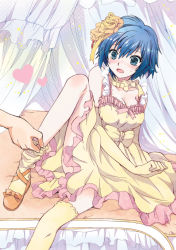 Rule 34 | 1girl, akina tsukako, atlus, bed, bed sheet, blue eyes, blue hair, blush, breasts, canopy bed, cleavage, dress, elbow gloves, flower, frills, gathers, gloves, gothic lolita, hair flower, hair ornament, heart, kneehighs, light particles, lolita fashion, mary janes, persona, persona 4, ribbon, shirogane naoto, shoes, short hair, socks, solo focus, sweet lolita, thighhighs, yellow thighhighs