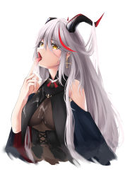 Rule 34 | 1girl, aegir (azur lane), azur lane, bare shoulders, bodystocking, breast curtains, breasts, cross-laced clothes, hair between eyes, hair on horn, highres, impossible clothes, large breasts, long hair, looking at viewer, multicolored hair, open mouth, red hair, silver hair, simple background, skin tight, solo, streaked hair, suggestive fluid, tongue, tongue out, turboflower, two-tone hair, underbust, upper body, white background, yellow eyes