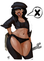 Rule 34 | 1girl, angel (kof), angel (kof) (cosplay), atlantis: the lost empire, audrey ramirez, black panties, breasts, brown eyes, cabbie hat, chaps, contrapposto, cosplay, cowboy shot, cropped jacket, cropped legs, crotch cutout, dark skin, dark-skinned female, disney, eyebrows, fingerless gloves, gloves, hand on own hip, hat, highres, lips, lipstick, long hair, makeup, navel, panties, rag, redblacktac, sleeves pushed up, small breasts, solo, spoken x, standing, the king of fighters, thighs, underwear, wide hips, wrench