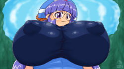 Rule 34 | 1girl, breasts, covered erect nipples, glasses, gluko, huge breasts, mon colle knights, purple eyes, purple hair, rokumon tengai mon colle knight, solo, tagme