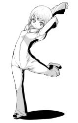 Rule 34 | 10s, 1girl, bruce lee&#039;s jumpsuit, female focus, full body, green eyes, greyscale, huang baoling, jumpsuit, monochrome, shoes, short hair, simple background, sneakers, solo, stretching, tiger &amp; bunny, white background, zootan
