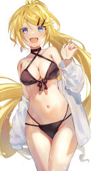Rule 34 | 1girl, bikini, black bikini, blonde hair, blue eyes, breasts, cleavage, collarbone, cowboy shot, criss-cross halter, earrings, front-tie top, future style (module), hair ornament, hairclip, halterneck, hand up, high ponytail, highres, inubangarou, jewelry, kagamine rin, leaning to the side, long hair, long sleeves, looking at viewer, medium breasts, navel, open clothes, open mouth, open shirt, ponytail, shirt, simple background, sleeves past fingers, sleeves past wrists, smile, solo, swept bangs, swimsuit, very long hair, vocaloid, white background, white shirt