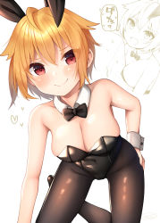 Rule 34 | 1girl, :d, ahoge, all fours, animal ears, bare shoulders, binsen, black leotard, black neckwear, blush, bow, bowtie, breasts, brown pantyhose, cleavage, closed mouth, collar, covered navel, detached collar, fake animal ears, hair between eyes, hand on own hip, heart, highres, ibuki tsubasa, idolmaster, idolmaster million live!, leotard, medium breasts, multiple views, open mouth, pantyhose, playboy bunny, producer (idolmaster), rabbit ears, red eyes, short hair, smile, strapless, strapless leotard, sweat, translation request, white collar, wing collar, wrist cuffs