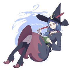 Rule 34 | 1girl, arikindows10, black choker, black dress, blue hair, book, choker, collarbone, dated, dress, floating, full body, hair over shoulder, happy birthday, hat, hat feather, highres, holding, holding book, holding quill, hooded dress, little witch academia, long hair, long sleeves, parted bangs, quill, red eyes, smile, solo, twitter username, ursula callistis, white background, wide sleeves, witch hat