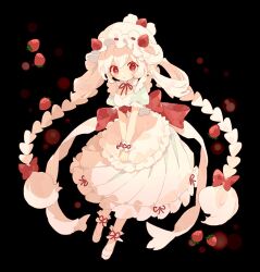 Rule 34 | 1girl, alcremie, alcremie (strawberry sweet), alcremie (vanilla cream), apron, black background, bow, braid, commentary, creatures (company), dress, food-themed hair ornament, full body, game freak, gen 8 pokemon, hair ornament, hair ribbon, hair rings, hat, hibi89, long hair, looking at viewer, maid, mob cap, nintendo, personification, pokemon, puffy short sleeves, puffy sleeves, red bow, red ribbon, ribbon, short sleeves, simple background, solo, strawberry hair ornament, twin braids, very long hair, white apron, white dress, white footwear, white hair, white hat, wrist cuffs