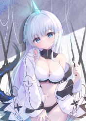 Rule 34 | 1girl, bare shoulders, blue eyes, breasts, cleavage, closed mouth, commentary request, glowing horns, hand up, head tilt, highres, holding, holding wand, horns, jacket, long hair, long sleeves, medium breasts, mikaze oto, navel, off shoulder, open clothes, open jacket, original, silver hair, single horn, solo, tail, very long hair, wand, white jacket, wide sleeves