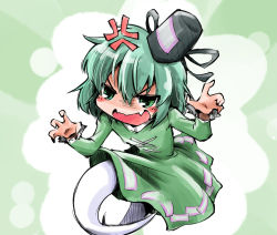Rule 34 | 1girl, anger vein, angry, blush, blush stickers, dress, fang, ghost tail, green dress, green eyes, green hair, hands up, hat, long sleeves, looking at viewer, matching hair/eyes, multicolored background, ofuda, open mouth, shinapuu, short hair, soga no tojiko, solo, tate eboshi, touhou