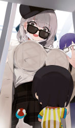 Rule 34 | 3girls, :d, a-chan (hololive), bird, black hair, black hat, black skirt, breasts, commentary request, duck, flying sweatdrops, green eyes, hair between eyes, hand up, hat, highres, hololive, huge breasts, looking at another, looking over eyewear, looking over glasses, mask, mask pull, mouth mask, multiple girls, niii (memstapak), oozora subaru, oozora subaru (1st costume), open mouth, plaid, plaid skirt, shirogane noel, shirogane noel (casual), shirt, short hair, silver hair, skirt, smile, solo, standing, striped clothes, striped shirt, subaru duck, sunglasses, sweater, tinted eyewear, vertical-striped clothes, vertical-striped shirt, virtual youtuber, white sweater