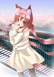 Rule 34 | 1girl, animal ear fluff, animal ears, bad id, bad pixiv id, coat, green eyes, hair bobbles, hair ornament, koi (koisan), long hair, looking at viewer, looking back, looking to the side, pink hair, solo, tail, thighhighs, trench coat, twintails, very long hair