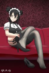 Rule 34 | 1girl, absurdres, agent (girls&#039; frontline), black footwear, black gloves, black hair, black thighhighs, closed mouth, couch, dorsiflexion, double bun, foot focus, foreshortening, garter straps, girls&#039; frontline, gloves, hair bun, high heels, highres, jk th dg, legs, long hair, looking at viewer, maid headdress, pixiv username, sangvis ferri, shirt, shoes, sitting, smirk, solo, thighhighs, twitter username, unworn shoes, white shirt, yellow eyes