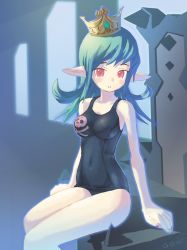 Rule 34 | 1girl, bad id, bad pixiv id, breasts, crown, elf, green hair, hat, highres, medium breasts, one-piece swimsuit, pointy ears, red eyes, school swimsuit, skull, skull and crossbones, solo, swimsuit, tougetsu gou