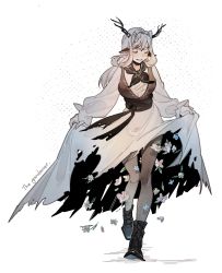 Rule 34 | 1girl, alina (arknights), animal ears, antlers, arknights, black footwear, black neckerchief, black pantyhose, black vest, boots, closed eyes, clothes lift, deer antlers, deer ears, deer girl, dress, dress lift, female focus, grey hair, highres, horns, lifted by self, long hair, long sleeves, neckerchief, pantyhose, parted lips, resul (scripppppp), simple background, solo, torn clothes, torn dress, vest, walking, white background, white dress
