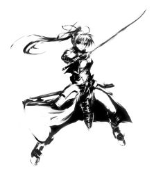 Rule 34 | 00s, 1girl, full body, greyscale, high contrast, highres, holding, holding sword, holding weapon, laevatein (nanoha), legs apart, lyrical nanoha, mahou shoujo lyrical nanoha, mahou shoujo lyrical nanoha strikers, mohomen, monochrome, signum, solo, standing, sword, weapon, whip sword