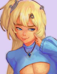 Rule 34 | 1girl, akanbe, blonde hair, blue eyes, blue sweater, breasts, cleavage, cleavage cutout, clothing cutout, commentary, english commentary, eyelid pull, highres, hime hajime, jewelry, large breasts, necklace, nose, object through head, portrait, purple background, sass-e, screw in head, short sidetail, smile, solo, sweater, tongue, tongue out, virtual youtuber, vshojo