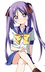 Rule 34 | :o, arm at side, blue sailor collar, blue skirt, blush, bow, bowtie, brown footwear, crossed legs, hair ornament, hair over shoulder, hand on own knee, haru (konomi 150), highres, hiiragi kagami, long hair, looking at viewer, lucky star, pleated skirt, purple eyes, purple hair, sailor collar, school uniform, serafuku, shirt, short sleeves, simple background, sitting, skirt, twintails, very long hair, white background, white shirt, yellow bow