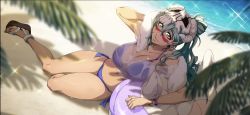 Rule 34 | 1girl, beach, bikini, bleach, bleach: brave souls, breasts, cleavage, facial mark, green hair, highres, large breasts, long hair, looking at viewer, navel, nelliel tu odelschwanck, official art, ponytail, see-through, swimsuit, tagme, thick thighs, thighs, wide hips