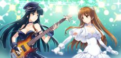 Rule 34 | 10s, 2girls, bare shoulders, black hair, black tank top, blue eyes, breasts, brown eyes, brown hair, capelet, choker, cleavage, dress, elbow gloves, electric guitar, eye contact, female focus, gloves, guitar, hat, highres, hime cut, holding, holding instrument, holding microphone, instrument, jewelry, long hair, looking at another, medium breasts, microphone, multiple girls, music, necklace, nyan (themare), off shoulder, ogiso setsuna, peaked cap, playing instrument, scrunchie, spotlight, strap slip, strapless, strapless dress, tank top, themare, touma kazusa, two side up, upper body, white album, white album (series), white album 2, white gloves