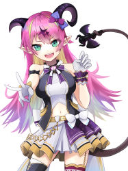 Rule 34 | 1girl, absurdres, alternate costume, arm strap, asymmetrical horns, bare shoulders, bow, breasts, demon girl, demon horns, demon tail, eyes visible through hair, garter straps, gloves, hair ornament, highres, holding, holding with tail, hololive, horn bow, horn ornament, horns, long hair, looking at viewer, mano aloe, microphone, midriff, navel, open mouth, pointy ears, prehensile tail, shirt, simple background, skirt, sleeveless, sleeveless shirt, solo, soten bluesky, tail, thighhighs, uneven horns, virtual youtuber, white background, white gloves, wrist cuffs