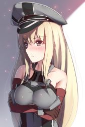 Rule 34 | 10s, 1girl, armor, bad id, bad pixiv id, bare shoulders, bismarck (kancolle), blonde hair, blue eyes, breast hold, breastplate, breasts, collarbone, crossed arms, female focus, gloves, hat, kantai collection, large breasts, long hair, looking to the side, military, military hat, military uniform, peaked cap, solo, uniform, upper body, veilrain