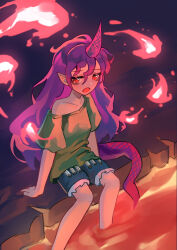 Rule 34 | 1girl, absurdres, ailu elf, collarbone, feet out of frame, fire, green shirt, green shorts, highres, horns, long hair, open mouth, pointy ears, purple hair, red eyes, red horns, red tail, shirt, short sleeves, shorts, single horn, sitting, solo, tenkajin chiyari, test tube, touhou