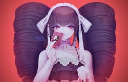 Rule 34 | 1girl, artist name, bikini, black bikini, black hair, black nails, bow, c01a (cola), card, celestia ludenberg, choker, collarbone, commentary, danganronpa: trigger happy havoc, danganronpa (series), danganronpa s: ultimate summer camp, drill hair, english commentary, frills, gothic lolita, grin, hair bow, hair ornament, highres, holding, holding card, lolita fashion, long hair, looking at viewer, monokuma, nail polish, playing card, purple hair, red background, red eyes, ribbon, simple background, smile, solo, swimsuit, twin drills, twintails, white bow