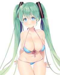 Rule 34 | 1girl, aqua hair, bikini, blue eyes, breasts, hatsune miku, large breasts, long hair, looking at viewer, moi (latte art), simple background, smile, swimsuit, twintails, vocaloid, white background