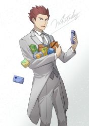 Rule 34 | 1boy, alternate costume, buttons, collared shirt, commentary request, creatures (company), game freak, gift, grey eyes, grey necktie, grey pants, grey vest, highres, holding, holding gift, imasara maki, lance (pokemon), long sleeves, looking at viewer, male focus, necktie, nintendo, open mouth, pants, pokemon, pokemon hgss, red hair, shirt, short hair, smile, solo, spiked hair, tailcoat, vest, white background, white day, white shirt